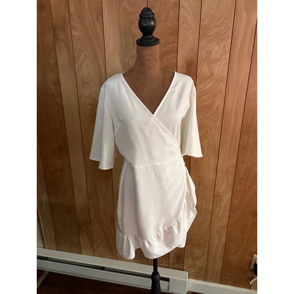 Topshop White Wrap Mini Dress Bell Sleeve Ruffle Hem V-Neck Size US 6 UK 10